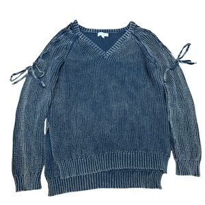Umgee Navy V-Neck Sweater with Ribbon Ties